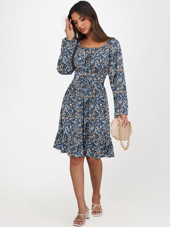 Dresses & Skirts - Women's Blue And White Long Lantern Sleeve Ruffle Flowy Swing A-Line Short Dress